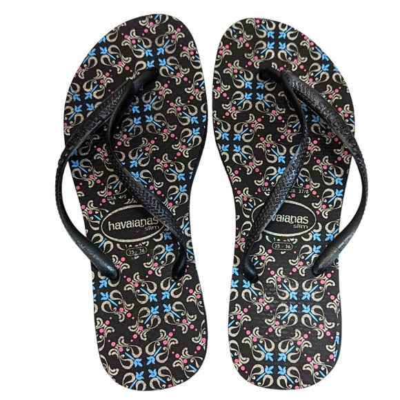 Havaianas Shoes - Havaianas Slim Women's Size 6 Black Multicolor Print Rubber Thong Flip Flops
